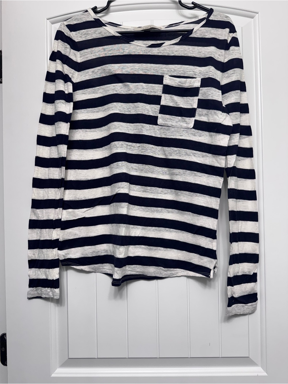 LOFT Black Striped Knit Top with Crew Neck